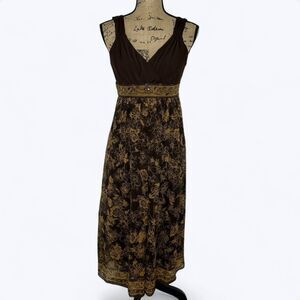 Y2K Robbie Bee Silk Babydoll Maxi Dress Sz 8P Brown Gold‎ Floral Beaded Boho